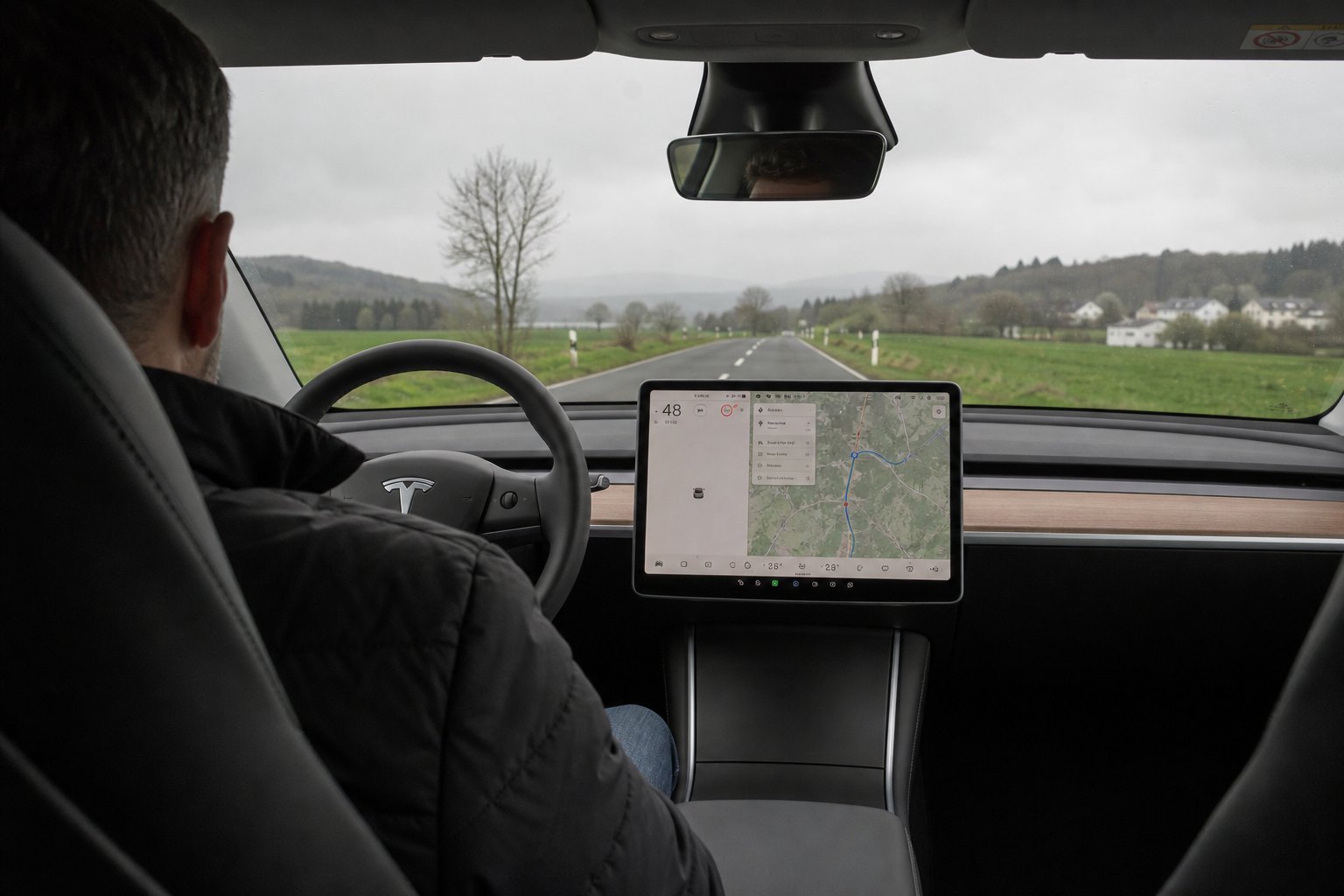 Blick von der Rückbank auf den Sicherheitsfahrer im Tesla-Shuttle