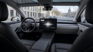 Grok Bot im Tesla: Innenraum Model Y Juniper mit Sprachassistent auf dem Display