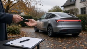 Tesla kaufen oder leasen: Model Y Juniper bei Fahrzeugübergabe und Vertragsabschluss in Deutschland
