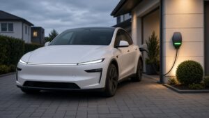 Tesla Model Y Juniper an Wallbox: Heimladen in der Einfahrt