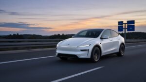 FSD in Europa: Tesla Model Y Juniper auf einer deutschen Autobahn