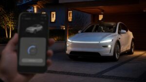 Tesla Software-Update in der App, dahinter ein Model Y Juniper im Carport in der Dämmerung