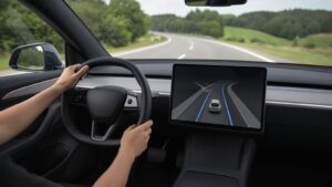 FSD Bilger: Blick aus dem Model Y Juniper auf das Lenkrad und die Fahr-Visualisierung auf dem Mittelbildschirm