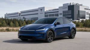 Made in Europe E-Auto: Tesla vor einer Fabrikhalle, Symbolbild