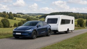 Tesla Anhängelast in der Praxis: Model Y Juniper zieht einen Wohnwagen auf einer Landstraße