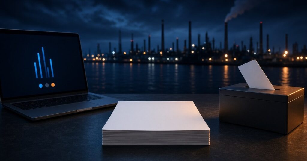 Symbolbild Hauptversammlung: Stimmzettel in einer Wahlurne, daneben ein Papierstapel und ein Laptop vor Industrie bei Nacht