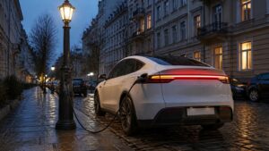 Tesla Model Y Juniper lädt am Abend an einer Laterne mit Ladepunkt in einer Wohnstraße mit Altbauten