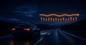 Symbolbild Quartalszahlen: Elektroauto fährt nachts über die Autobahn, darüber verläuft eine wellige Chartlinie aus Licht
