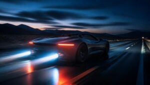 Neuer Tesla Roadster als Symbolbild: flacher Sportwagen mit leuchtenden Düsenstrahlen am Heck auf nächtlicher Straße
