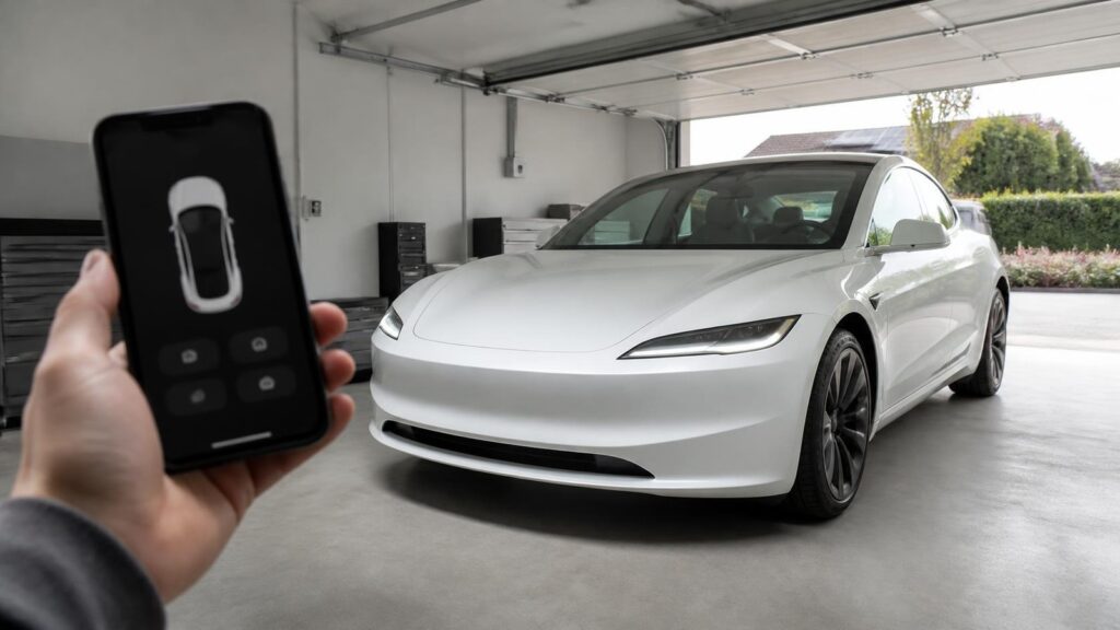 Tesla Rückruf beim Model 3: Model 3 Highland in der Garage, im Vordergrund eine Hand mit Smartphone und geöffneter Fahrzeug-App