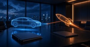 Symbolbild Fusionsprüfung: Auto- und Raketen-Umriss aus Licht nähern sich über einem Konferenztisch mit Prüfordnern