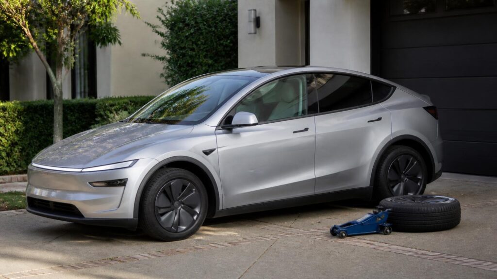 Model Y Juniper seitlich am Stellplatz, ruhiger Alltagskontext zu Tesla Wartung Kosten und Reifen, kein Werkstatt-Chaos