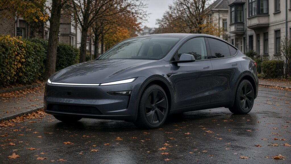 Model Y Juniper seitlich auf herbstnasser Straße, Tesla Winterreifen auf nassem Asphalt, kühles Herbstlicht