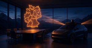 Symbolbild autonomes Fahren Deutschland: Verkehrsministerkonferenz im Sitzungssaal mit Deutschlandkarte aus Licht und autonomem Testfahrzeug mit Sensorik